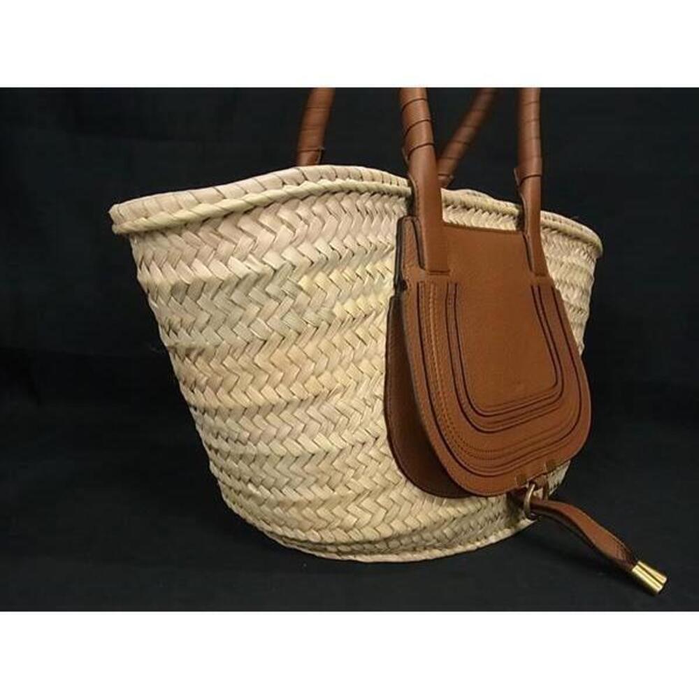 Chloe Marcie Raffia Leather Shoulder Bag Basket Tote Brown - Picture 2 of 7